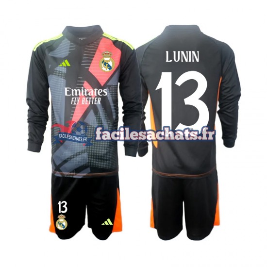 Maillot Real Madrid Andriy Lunin 13 2024-2025 Gardien Noir Extérieur Enfant ML