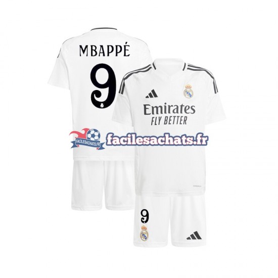 Maillot Real Madrid Kylian Mbappe 9 2024-2025 Blanc Domicile Enfant MC